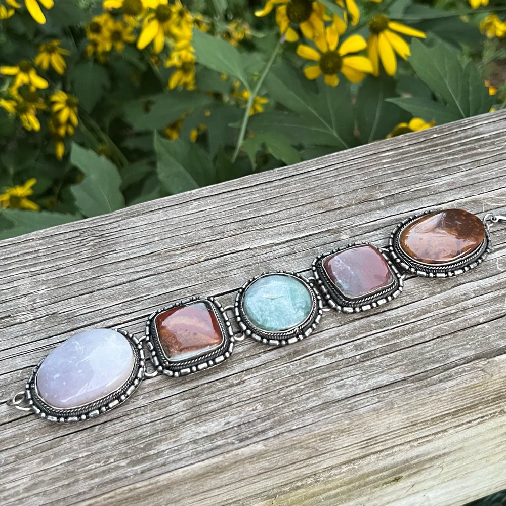 Chunky Boho Bezel Set Stone Silver Tone Bracelet 8.5” Length